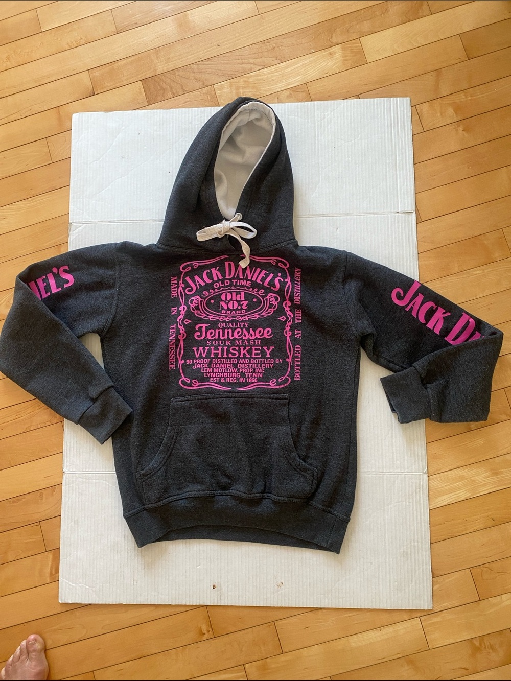 Jack Daniels Whiskey Hoodie in Charcoal Gray with Hot Pink Graphic Size Medium